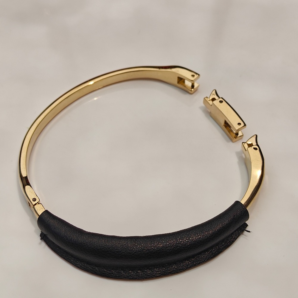 Gold Tone Hinged Bangle Bracelet Cuff Black Pebbled Faux Leather Wrap Detail